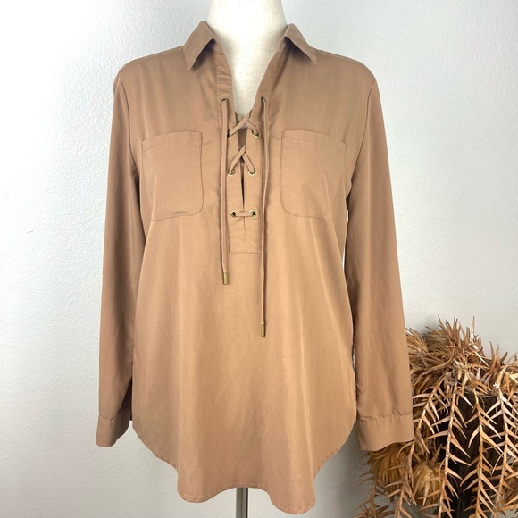 Chico's Size 1 Copper Brown Silky Soft Lace-Up Collared Tunic Blouse - Picture 1 of 10